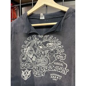 Vintage 1987 National Labor Day Rally Pin Up Girl On Motorcycle Faded Black Tee